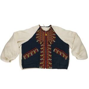 Free People Boho Boucle Bell Oversized Two Faced Embroidered Blue Red Jacket S